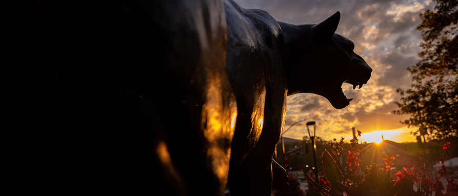 Pitt panther statue with faces rising sun